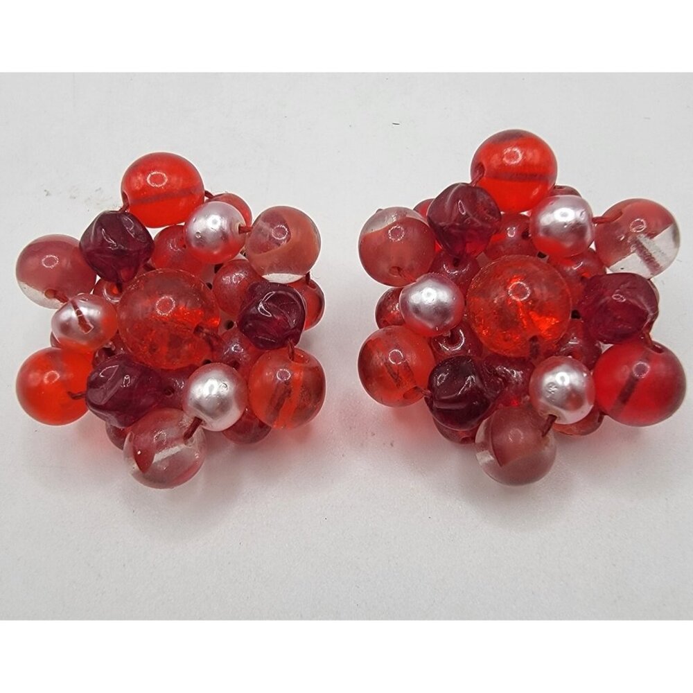 Vintage Signed West Germany Holiday Red Faceted Bead Cluster Clip‎ On Earrings
